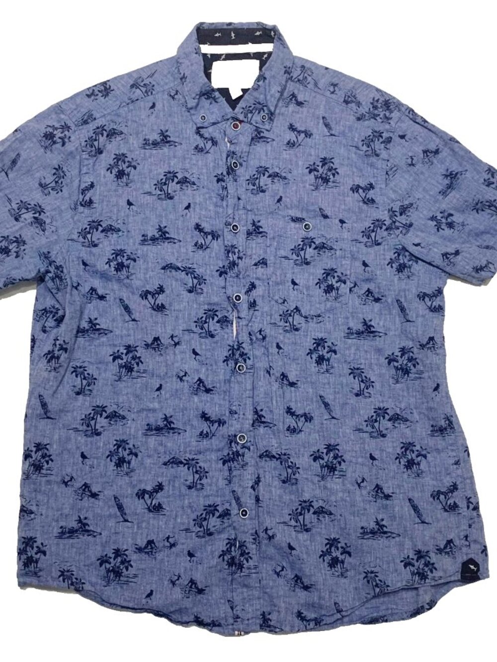 International Report Linen Blend Shirt Men's L Blue Palm Trees Sharks Hawaiian